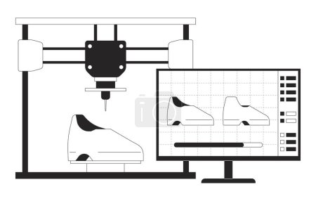 Ilustración de Calzado de impresión 3D ilustración plana de dibujos animados en blanco y negro. Zapatos de modelado 2D objeto lineal aislado. Zapatillas de fabricación aditiva. Prototipado rápido escena monocroma vector contorno imagen - Imagen libre de derechos