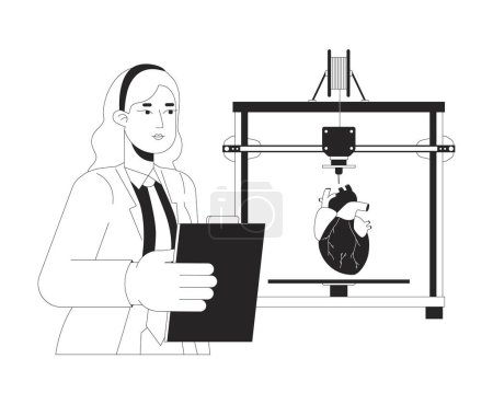 3d printed heart replica black and white cartoon flat illustration. 3d printer medical bioengineer 2D lineart character isolated. Medicine technology. Prototyping monochrome scene vector outline image