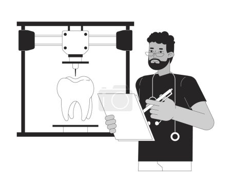 Illustration for 3D printing of human tooth black and white cartoon flat illustration. Dental printer orthodontist 2D lineart character isolated. Biomimetic restorative dentistry monochrome scene vector outline image - Royalty Free Image