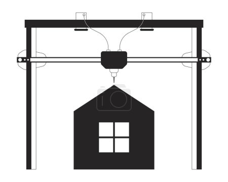 3D printing house black and white cartoon flat illustration. 3d printed home building technology 2D lineart object isolated. Modular architecture wireframe monochrome scene vector outline image
