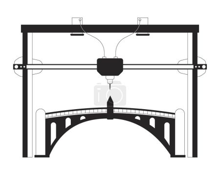 Pont imprimé en 3D dessin animé noir et blanc illustration plate. Modélisation numérique avancée passerelle objet linéaire 2D isolé. Prototypage infrastructure urbaine monochrome scène vecteur contour image