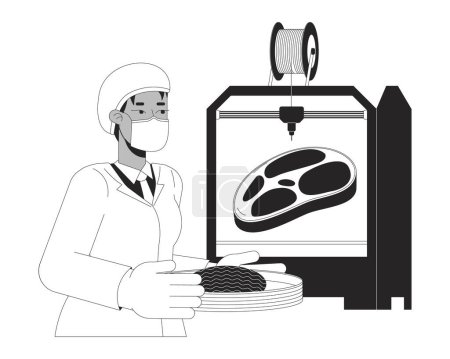 3D gedrucktes Fleisch schwarz-weiß Cartoon flache Illustration. 3D-Drucker Lebensmittel Forscher 2D linearen Charakter isoliert. Fortschrittliche Technologie. Additive Fertigung monochrom Szene Vektor Umriss Bild