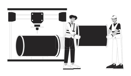 Illustration for 3D printing in metal pipe manufacturing black and white cartoon flat illustration. 3d printer pipeline manufacturers 2D lineart characters isolated. Prototyping monochrome scene vector outline image - Royalty Free Image