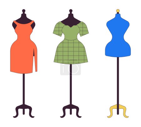 Nähen Schaufensterpuppe mit Kleidung 2D lineare Cartoon-Objekte gesetzt. Frauen Outfit auf Dummies isolierte Linienvektorelemente weißen Hintergrund. Modegeschäft Geschäft Farbe flacher Fleck Illustration Sammlung