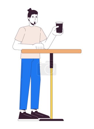 Téléchargez les illustrations : Invité mâle buvant du café à la table 2D personnage de dessin animé linéaire. Homme caucasien dans café isolé ligne vecteur personne fond blanc. Commande de boissons à la cafétéria illustration de tache plate couleur - en licence libre de droit