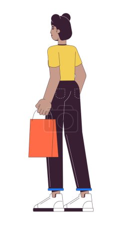African american woman with shopping bag 2D linear cartoon character. Black female shopper isolated line vector person white background. Purchasing goods for fun color flat spot illustration