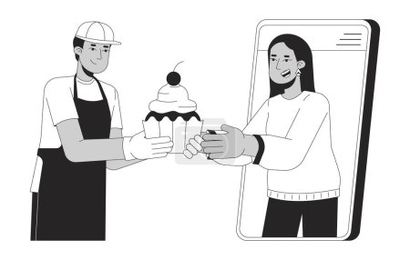 Illustration for Woman ordering cakes online black and white 2D line cartoon characters. Confectioners serving client with dessert isolated vector outline people. E business monochromatic flat spot illustration - Royalty Free Image