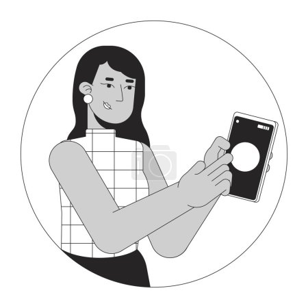 Illustration for Woman showing mobile phone black and white 2D line cartoon character. Indian female using smartphone isolated vector outline person. Communication technology monochromatic flat spot illustration - Royalty Free Image