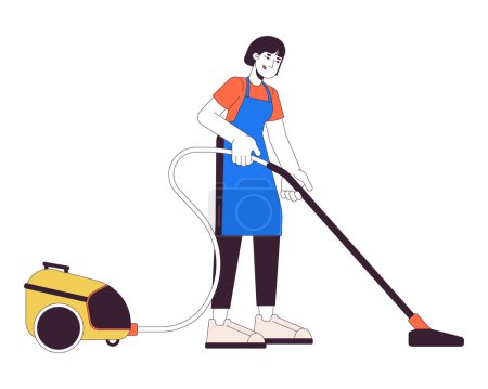 Illustration for Asian woman with vacuum cleaner 2D linear cartoon character. Hoovering housewife isolated line vector person white background. Cleaning service business idea color flat spot illustration - Royalty Free Image