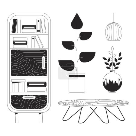 Illustration for Home design and furniture black and white 2D line cartoon objects set. Living room interior isolated vector outline items collection. Comfortable house decor monochromatic flat spot illustrations - Royalty Free Image