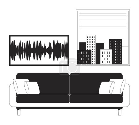 Interior design of living room black and white 2D line cartoon objects set. Urban loft decor isolated vector outline items collection. Place to rest arrangement monochromatic flat spot illustrations