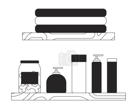 Illustration for Toiletries on shelves black and white 2D line cartoon objects set. Cosmetic products, treats and towels isolated vector outline items collection. Home interior monochromatic flat spot illustrations - Royalty Free Image