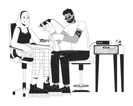 Illustration for Black artist making tattoo on woman arm black and white 2D line cartoon characters. Caucasian female tattooing procedure isolated vector outline people. Body art monochromatic flat spot illustration - Royalty Free Image