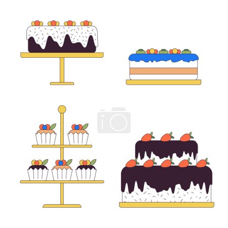Dekorierte Kuchen auf Ständen 2D lineare Cartoon-Objekte gesetzt. Desserts speichern isolierte Linienvektorelemente auf weißem Hintergrund. Süßwarengeschäft service farbe flach spot illustration sammlung