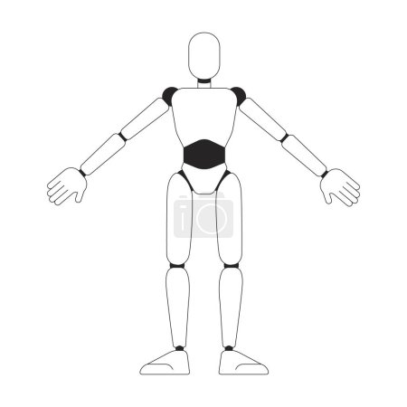 Humanoide Robotermodell schwarz-weiß 2D-Linie Zeichentrickfigur. Ingenieurbüro Maschine Prototyp isolierte Vektorumrisse Persönlichkeit. Monochromatische Flachbild-Illustration der Roboterindustrie