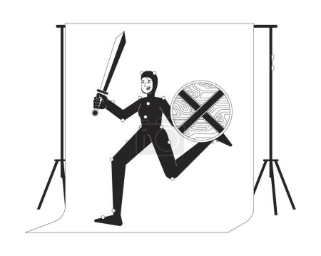Illustration for Armored actress running on chromakey screen black and white 2D line cartoon character. White woman in mo cap suit isolated vector outline person. Movie making monochromatic flat spot illustration - Royalty Free Image