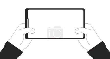Illustration for Holding smartphone with blank screen cartoon human hands outline illustration. Device with internet access 2D isolated black and white vector image. Mobile phone flat monochromatic drawing clip art - Royalty Free Image
