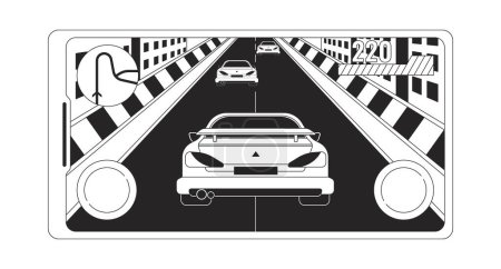 Ilustración de Móvil de carreras de coches pantalla del juego en blanco y negro 2D línea de dibujos animados objeto. Carrera de velocidad en línea aislada línea vector elemento fondo blanco. Diversión virtual ilustración plana monocromática - Imagen libre de derechos