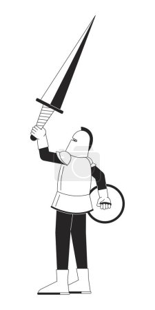 Illustration for Armored knight raising up sword black and white 2D line cartoon character. Medieval tournament champion isolated vector outline person. Victory in deadly battle monochromatic flat spot illustration - Royalty Free Image