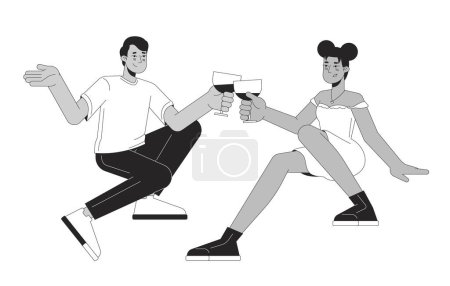 Ilustración de Gafas de pareja interraciales tintineando personajes de dibujos animados en 2D en blanco y negro. Tostando copas de copas de vino. 2 adultos jóvenes aislados vector delinear personas. Salud ilustración plana monocromática punto - Imagen libre de derechos