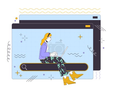 Illustration for Seeking data online 2D linear illustration concept. Woman searching information via laptop cartoon character isolated on white. Web sources usage metaphor abstract flat vector outline graphic - Royalty Free Image