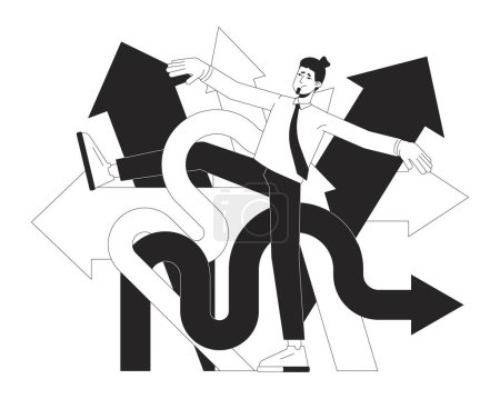 Illustration for Opportunities careers confusion black and white 2D illustration concept. Caucasian man confused about directions cartoon outline character isolated on white. Arrows dilemma metaphor monochrome vector - Royalty Free Image