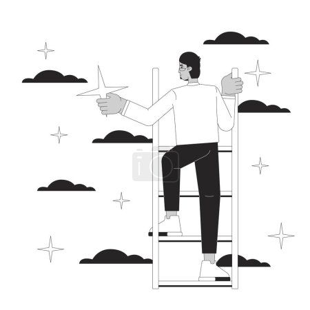 Illustration for Reaching for star climbing ladder of success black and white 2D illustration concept. Success businessman arab cartoon outline character isolated on white. Goal achievement metaphor monochrome vector - Royalty Free Image