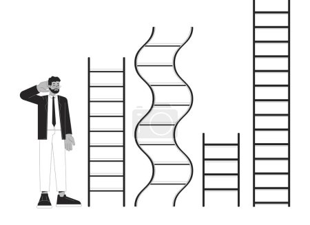 Illustration for Different career ladders black and white 2D illustration concept. Confused black man compares difficulty cartoon outline character isolated on white. Professional paths metaphor monochrome vector - Royalty Free Image