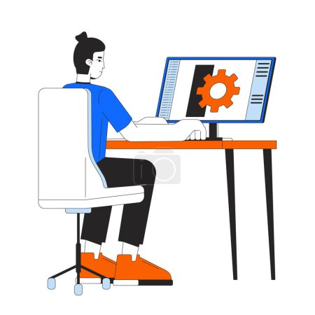 Mechaniker sitzt am Computer an einer linearen 2D-Comicfigur. Kaukasischen männlichen Kfz-Ingenieur isolierten Linienvektor Person weißen Hintergrund. Zahnrad Designer Farbe flachen Ort Illustration