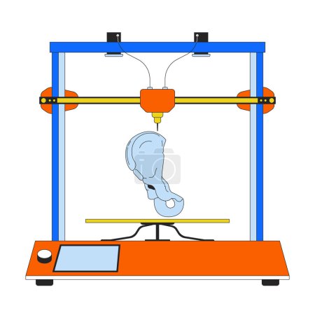 Illustration for Pelvic girdle on 3d printer 2D linear cartoon object. Additive manufacturing pelvis bones isolated line vector element white background. Technology three-dimensional print color flat spot illustration - Royalty Free Image