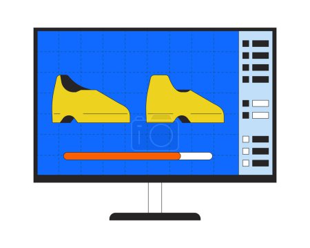 Illustration for Shoes designing on computer screen 2D linear cartoon object. High fashion technology isolated line vector element white background. Mens fashion footwear production color flat spot illustration - Royalty Free Image