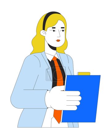 Illustration for Serious female secretary office worker 2D linear cartoon character. Blonde woman employee holding tablet isolated line vector person white background. Corporate assistant color flat spot illustration - Royalty Free Image
