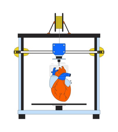 Artificial heart on 3d printer 2D linear cartoon object. Additive manufacturing device isolated line vector element white background. Technology three-dimensional printing color flat spot illustration