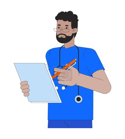 Illustration for African american male nurse checkup medical 2D linear cartoon character. Black doctor monitoring patient health isolated line vector person white background. Hospital color flat spot illustration - Royalty Free Image