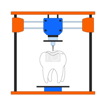 Dental implant denture on 3d printer 2D linear cartoon object. Additive manufacturing device isolated line vector element white background. Technology three-dimensional color flat spot illustration