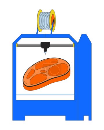 Synthetisches Fleisch auf 3D-Drucker 2D lineares Cartoon-Objekt. Additive Fertigung Gerät isolierten Linienvektorelement weißen Hintergrund. Technologie dreidimensionalen Druck Farbe flachen Punkt Illustration