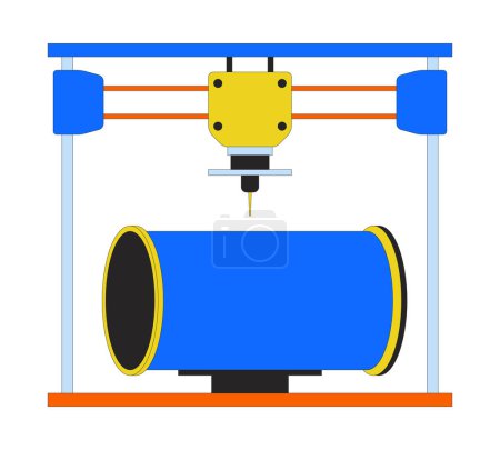 Illustration for Pipeline part on 3d printer 2D linear cartoon object. Additive manufacturing device isolated line vector element white background. Technology three-dimensional printing color flat spot illustration - Royalty Free Image