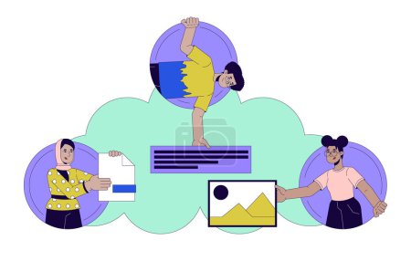 Illustration for Cloud storage 2D linear illustration concept. Software development team cartoon characters isolated on white. Cloud-based collaborative workspace metaphor abstract flat vector outline graphic - Royalty Free Image