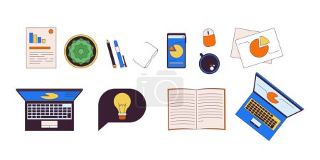 Illustration for Business office essentials 2D linear cartoon objects set. Entrepreneur workplace supplies isolated line vector elements white background. Small business color flat spot illustration collection - Royalty Free Image
