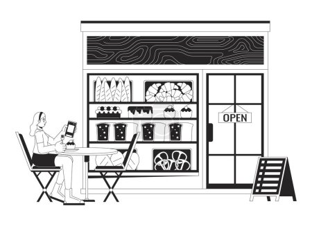 Illustration for Woman visiting bakery shop black and white 2D line cartoon character. Caucasian female guest sitting at cafe table isolated vector outline person. Small business monochromatic flat spot illustration - Royalty Free Image