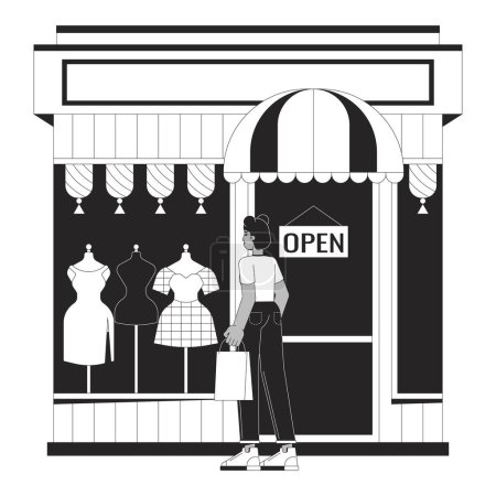 Femme noire regardant les vêtements dans le magasin de mode noir et blanc personnage de dessin animé ligne 2D. Femme client à l'affichage vectoriel isolé contour personne. Illustration monochromatique des petites entreprises
