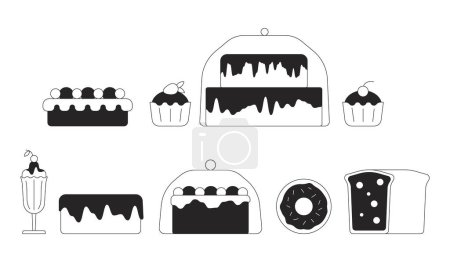 Illustration for Confectionary store products black and white 2D line cartoon objects set. Delicious cakes isolated vector outline items collection. Desserts making small business monochromatic flat spot illustrations - Royalty Free Image