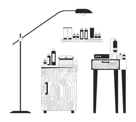 Tattoo shop equipment black and white 2D line cartoon objects set. Professional body art master workplace isolated vector outline items collection. Beauty studio monochromatic flat spot illustrations