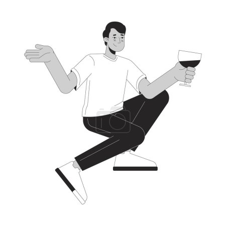 Indien boire cocktail noir et blanc personnage de bande dessinée ligne 2D. Sud asiatique gars tenant verre de vin isolé vecteur contour personne. Santé jeune adulte mâle monochromatique plat spot illustration