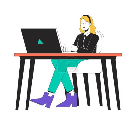 Illustration for White-collar worker typing laptop workplace 2D linear cartoon character. European female isolated line vector person white background. Corporate employee in office color flat spot illustration - Royalty Free Image