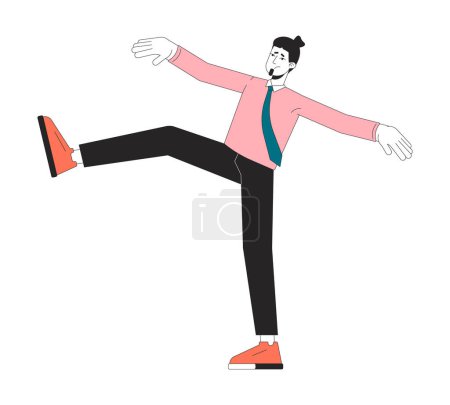 Gleichgewicht verlieren männliche Büroangestellte 2D lineare Zeichentrickfigur. Instabiler Mann unsymmetrisch stehend auf einem Bein isoliert Linienvektor Person weißen Hintergrund. Job Instabilität Farbe flache Stelle Illustration