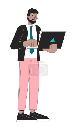 Black adult male office worker holding laptop 2D linear cartoon character. African american man employee isolated line vector person white background. Startuper color flat spot illustration