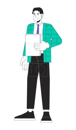 Asian male office worker holding paperwork 2D linear cartoon character. Korean young adult corporate employee isolated line vector person white background. Team member color flat spot illustration