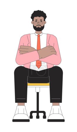 Gafas graduadas barbudo negro trabajo candidato 2D personaje de dibujos animados lineales. Brazos cruzados afroamericano hombre aislado línea vector persona fondo blanco. ilustración plana del punto plano del color del trabajador de oficina