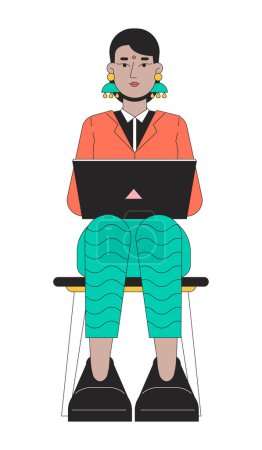 Illustration for Indian woman job seeker 2D linear cartoon character. Typing laptop south asian female isolated line vector person white background. Meeting appointment interview color flat spot illustration - Royalty Free Image